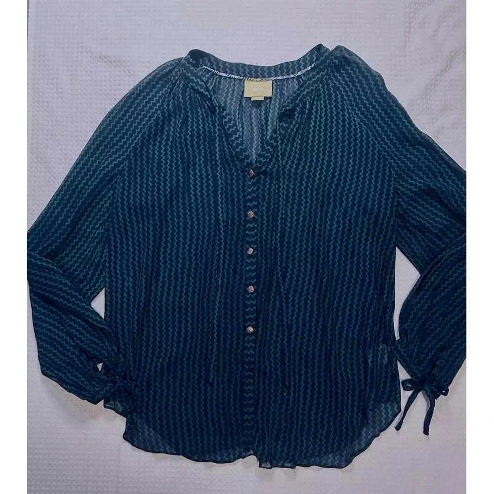 MAEVE Anthropologie Women's XL Viscose Sheer Blouse GREEN &‎ BLUE L/S